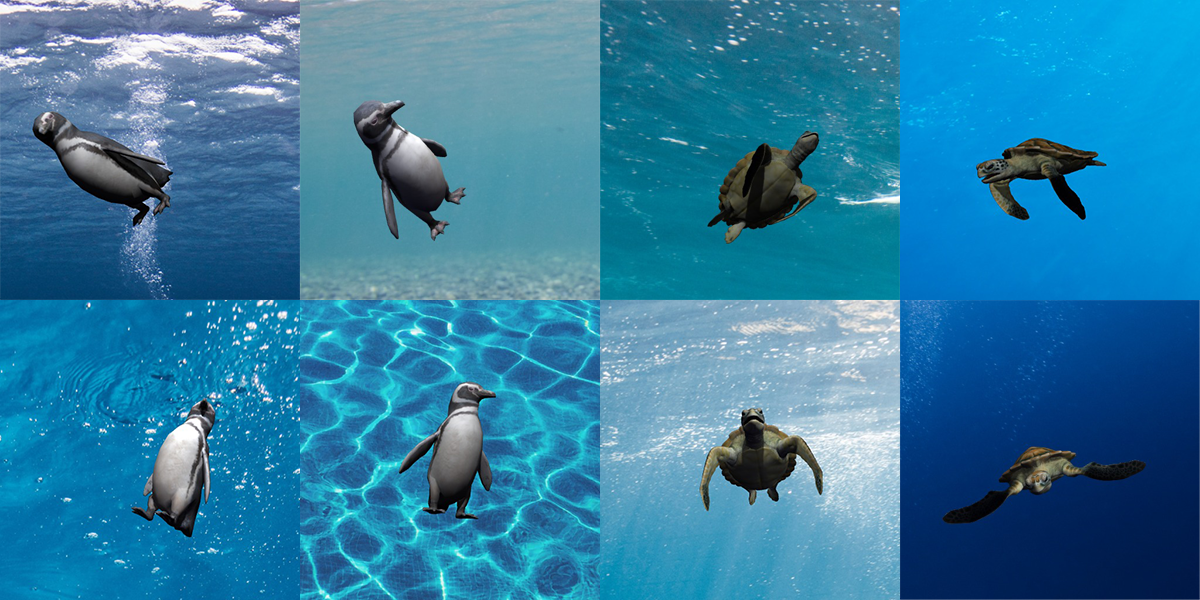 synthetically generate images of penguins and turtles swimming synthetically generate images of penguins and turtles swimming