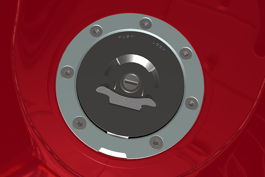 Motorcycle fuel tank cap with material variation