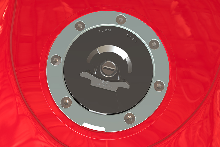 Motorcycle fuel tank cap with variation in reflections (indoor)