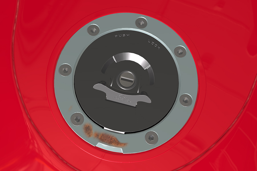 Motorcycle fuel tank cap with rust defect